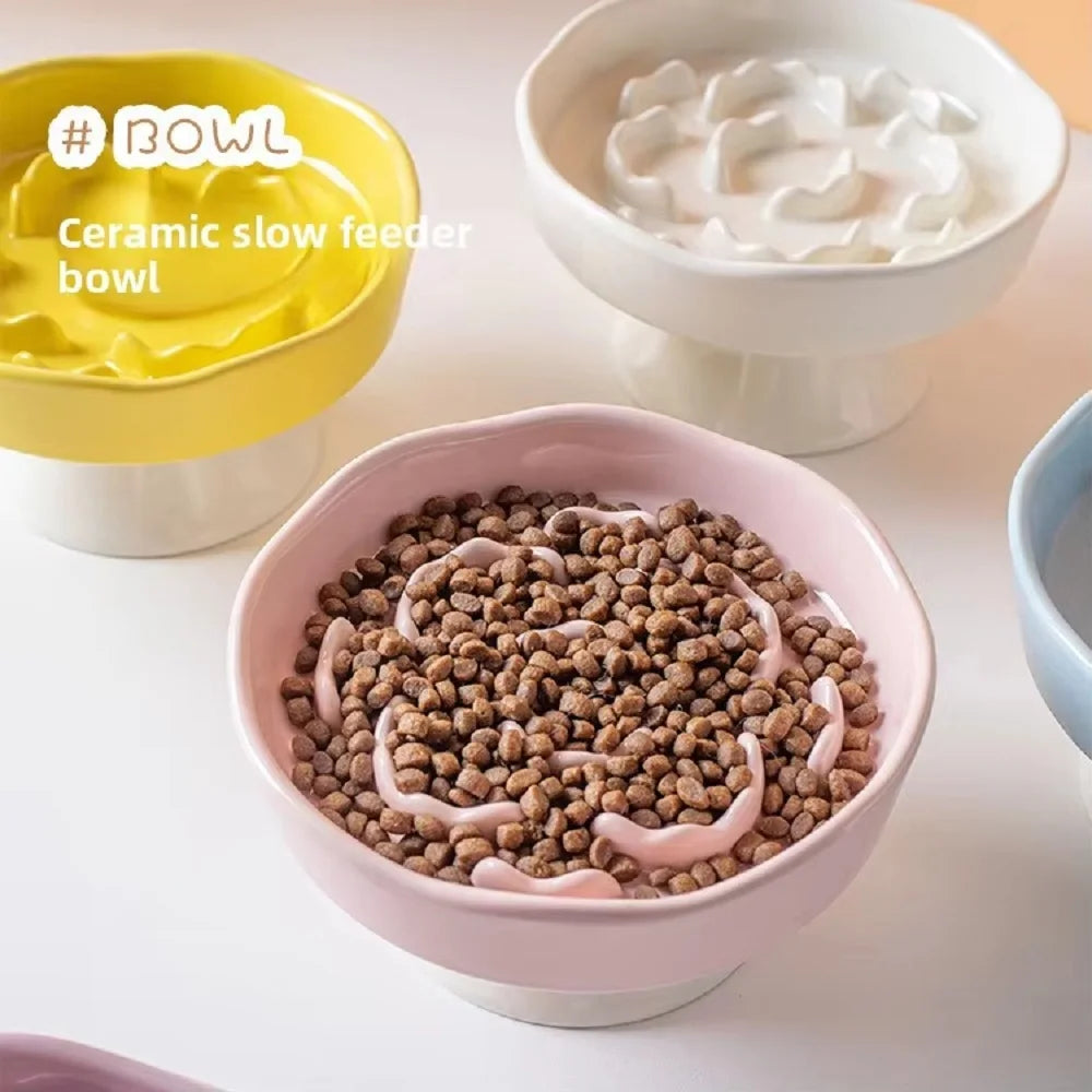 Ceramic Slow-Feeding Bowl High-Leg Cat Bowl with Neck Protection