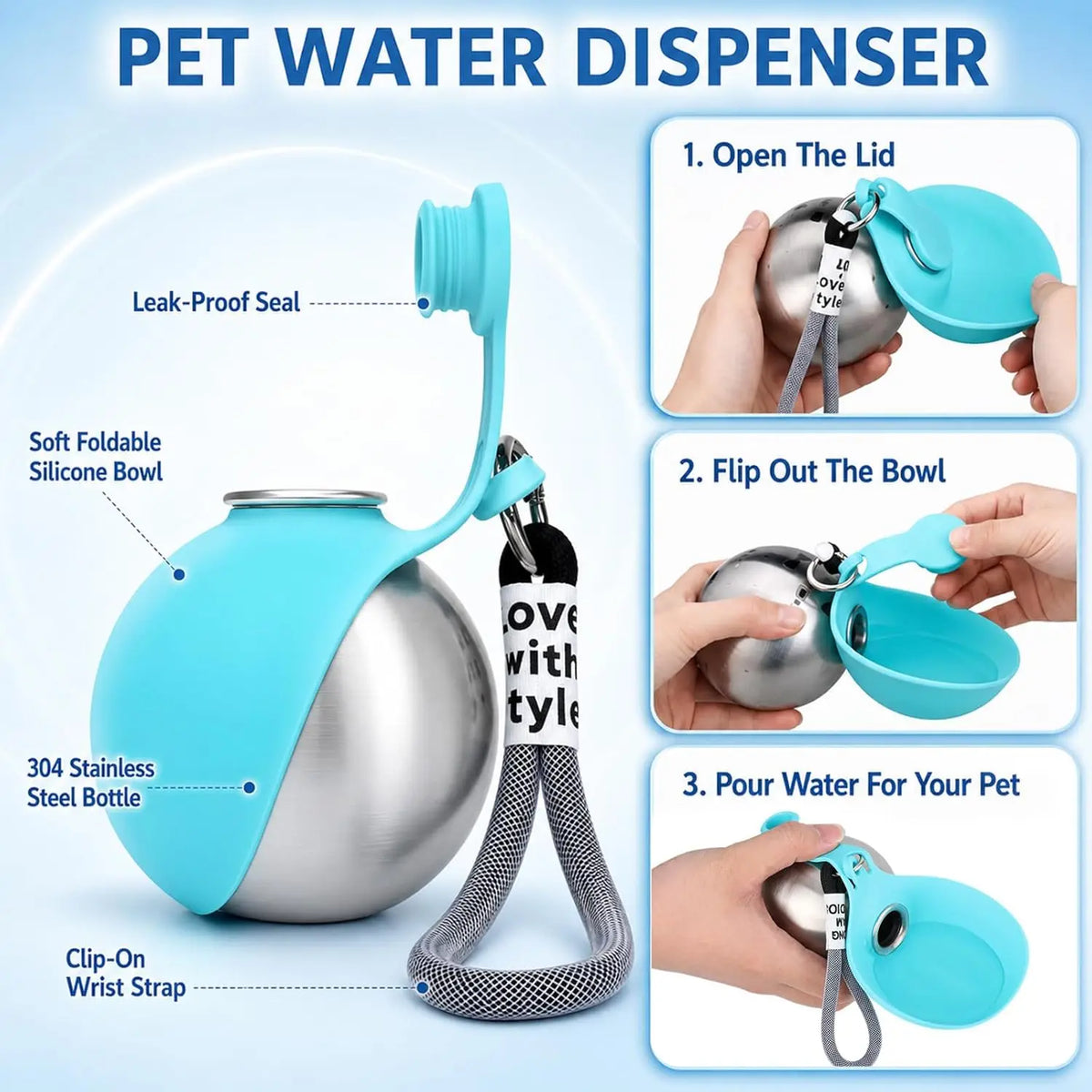 Portable Dog Water Bottle, Plastic/Stainless Steel Pet Water