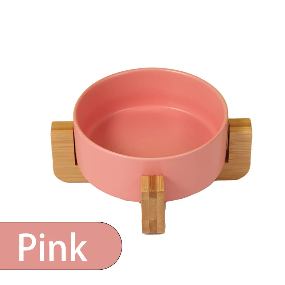 Custom Ceramic Pet Bowl Dish with Wood Stand Dog Cat Bowl with