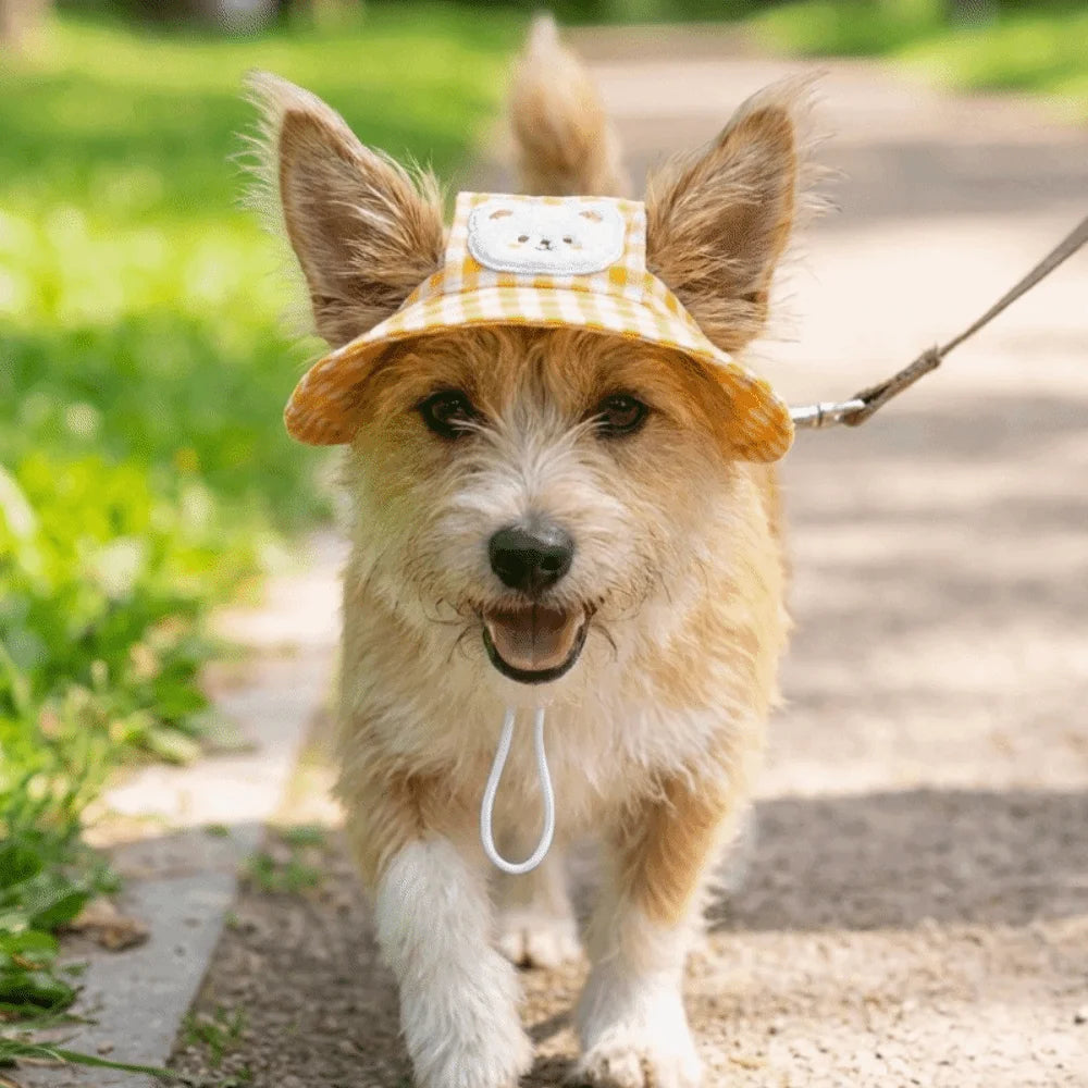 Breathable Pet Bucket Hat Adjustable Plaid Print Dog Sunshade Hat