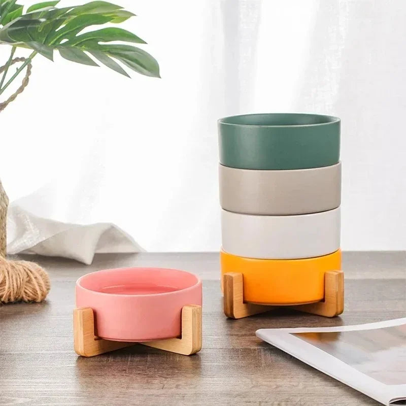 Ceramic Pet Bowl Dish with Wood Stand No Spill Pet Ceramic Double