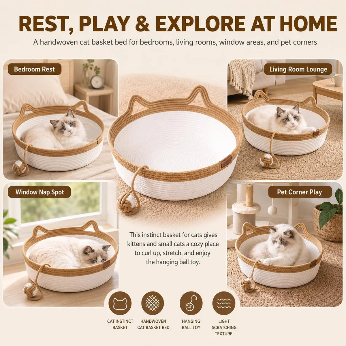 Cat Instinct Basket - Hand-Woven Cotton Rope Fun Bed, Equipped