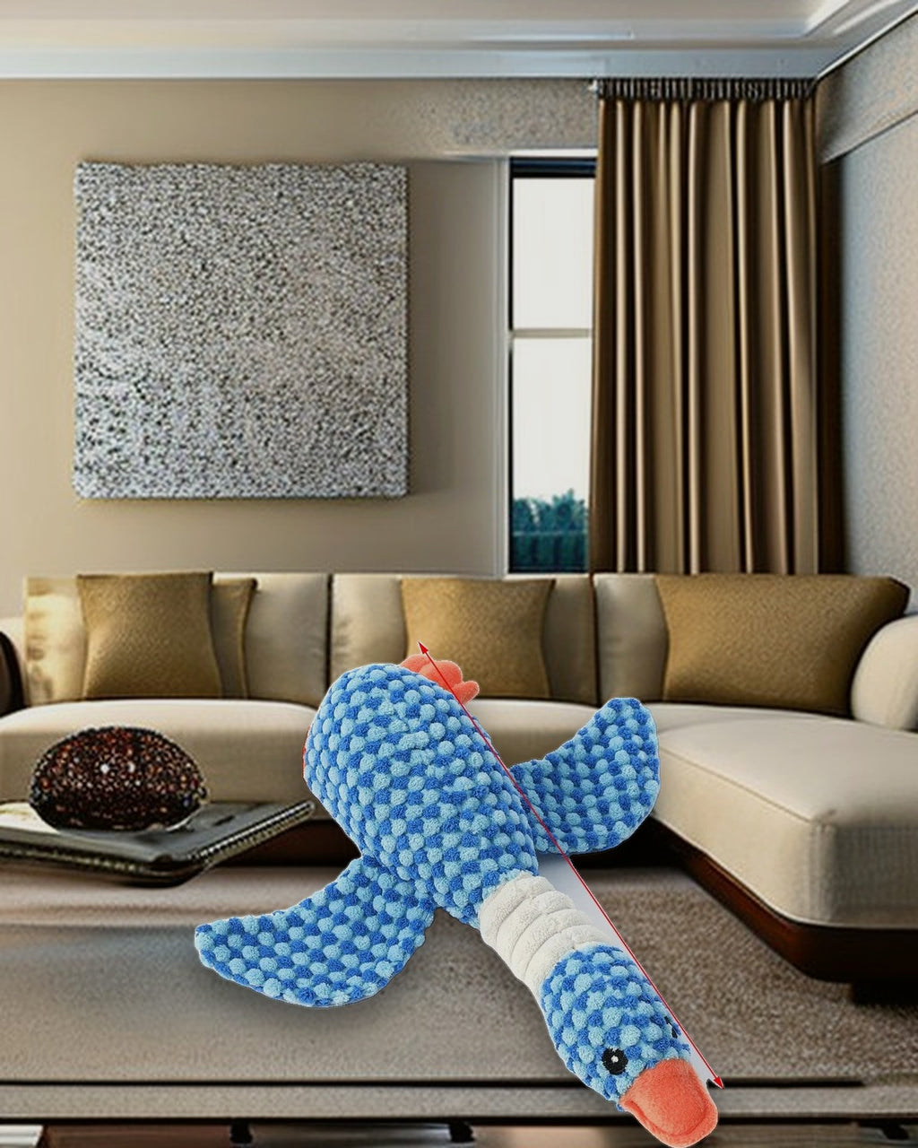 Cloud Goose Plush Dog Toy styled on a warm linen sofa