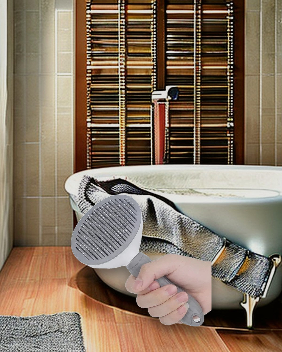 Self-Cleaning Grooming Brush styled in a warm spa bathroom
