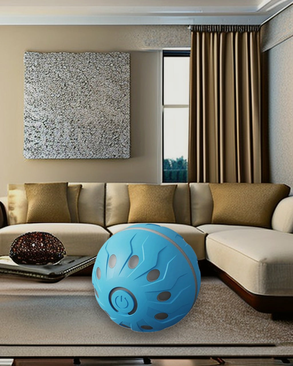 Lumi Interactive Dog Ball styled in a modern luxury living room