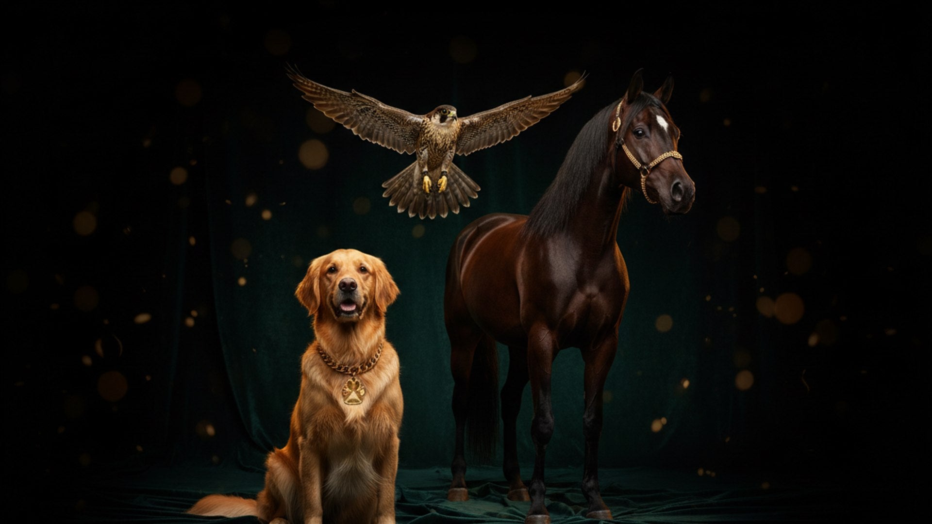 Luxury dog, horse, and falcon